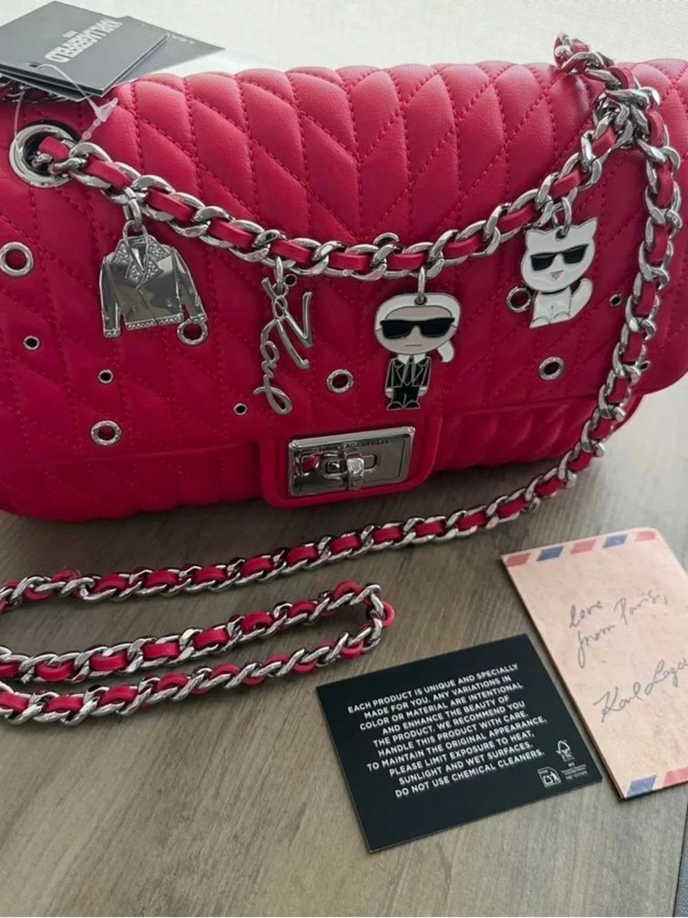 Karl Lagerfeld Quilted Red Chain Crossbody with Charm Accents